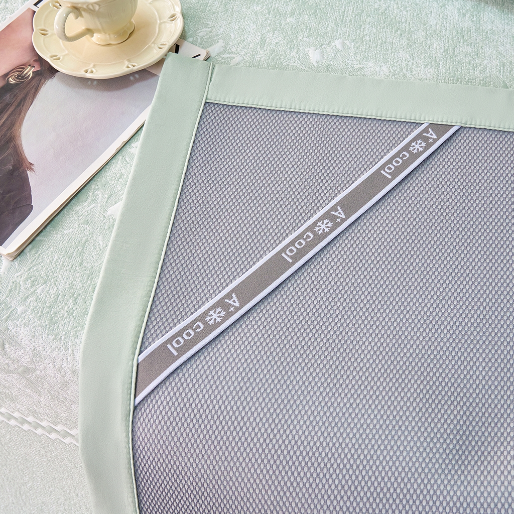 91家纺网 家纺一手货源 找家纺 莱家富 2026新款A类凉感豆豆席-平铺款 平铺款-喜上眉梢绿色