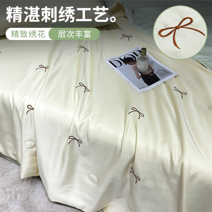 91家纺网 家纺一手货源 找家纺 憨豆家纺 2026新款刺绣水洗冰丝夏被四件套星球水洗真丝夏凉被（含抗菌棉）跨境外贸床笠款空 蝴蝶结-奶黄绿