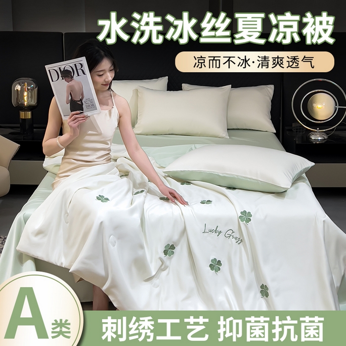 憨豆家纺 2026新款刺绣水洗冰丝夏被四件套星球水洗真丝夏凉被（含抗菌棉）跨境外贸床笠款空 四叶草-奶白绿