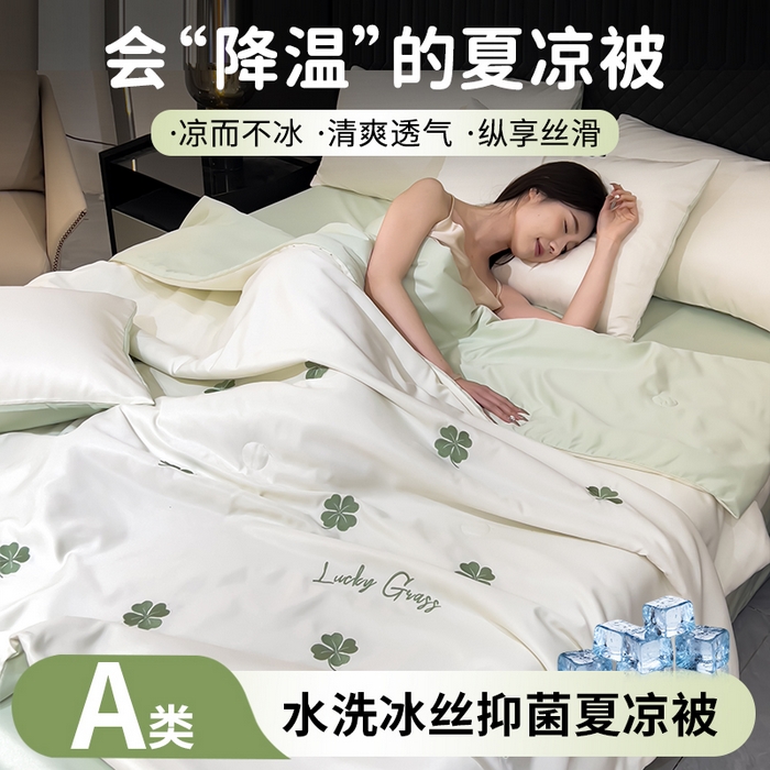 91家纺网 家纺一手货源 找家纺 憨豆家纺 2026新款刺绣水洗冰丝夏被四件套星球水洗真丝夏凉被（含抗菌棉）跨境外贸床笠款空 四叶草-奶白绿