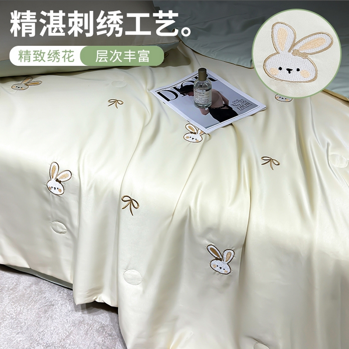 91家纺网 家纺一手货源 找家纺 憨豆家纺 2026新款刺绣水洗冰丝夏被四件套星球水洗真丝夏凉被（含抗菌棉）跨境外贸床笠款空 小兔-奶黄绿