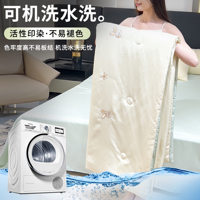 91家纺网 家纺一手货源 找家纺 憨豆家纺 2026新款刺绣水洗冰丝夏被四件套星球水洗真丝夏凉被（含抗菌棉）跨境外贸床笠款空 小兔-奶黄绿