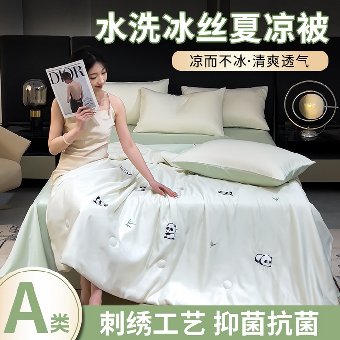 憨豆家纺 2026新款刺绣水洗冰丝夏被四件套星球水洗真丝夏凉被（含抗菌棉）跨境外贸床笠款空 小熊猫-奶白绿