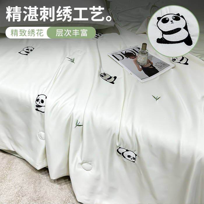 91家纺网 家纺一手货源 找家纺 憨豆家纺 2026新款刺绣水洗冰丝夏被四件套星球水洗真丝夏凉被（含抗菌棉）跨境外贸床笠款空 小熊猫-奶白绿
