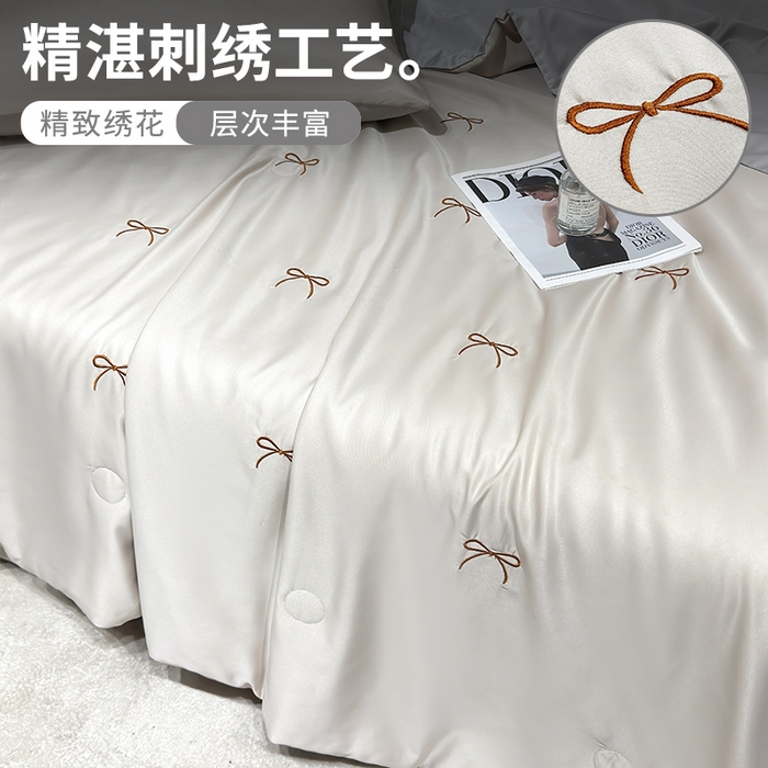 91家纺网 家纺一手货源 找家纺 憨豆家纺 2026新款刺绣水洗冰丝夏被四件套星球水洗真丝夏凉被（含抗菌棉）跨境外贸床笠款空 蝴蝶结-梧桐灰