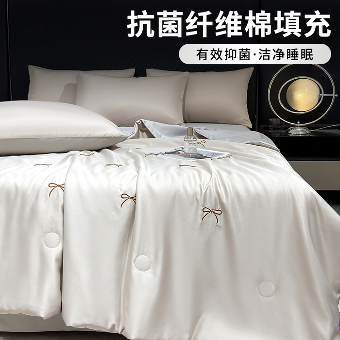 91家纺网 家纺一手货源 找家纺 憨豆家纺 2026新款刺绣水洗冰丝夏被四件套星球水洗真丝夏凉被（含抗菌棉）跨境外贸床笠款空 蝴蝶结-梧桐灰