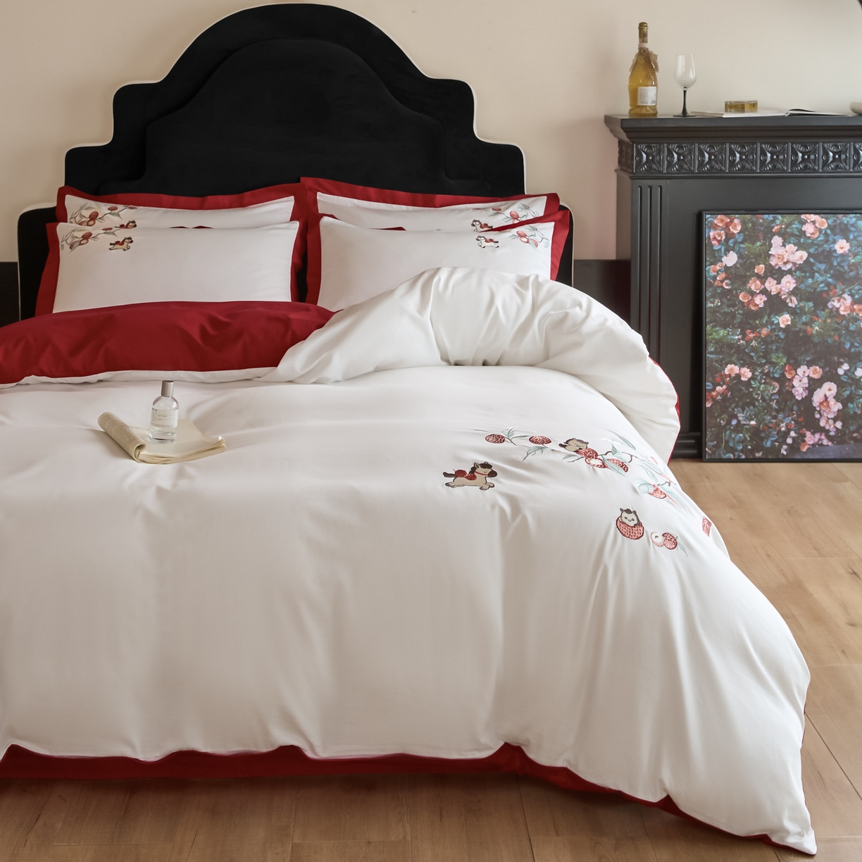 91家纺网 家纺一手货源 找家纺 绒掌柜家纺（品质焕新） 2026新品100S长绒棉精密刺绣四件套-马到荔成系列-版权产品-礼盒装 马到荔成-红色