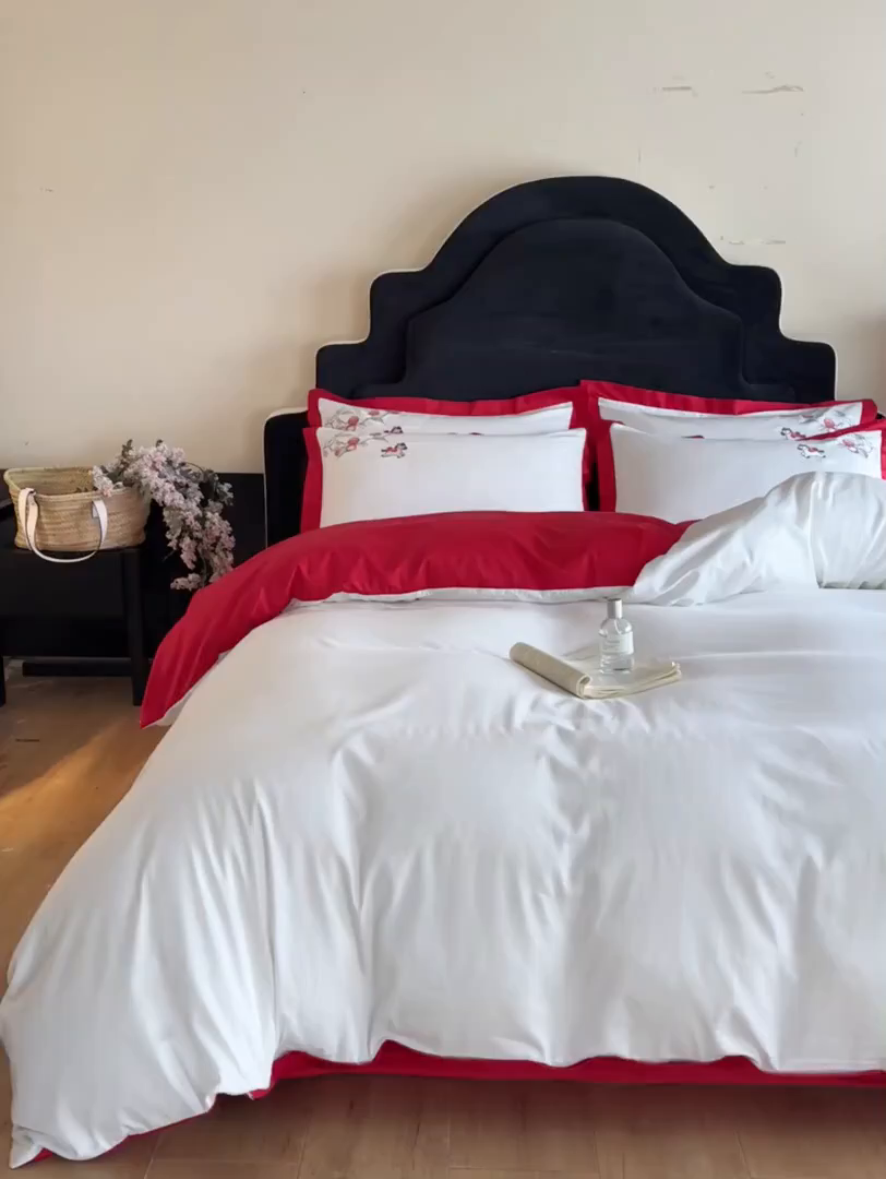 91家纺网 家纺一手货源 找家纺 绒掌柜家纺（品质焕新） 2026新品100S长绒棉精密刺绣四件套-马到荔成系列-版权产品-礼盒装 马到荔成-红色