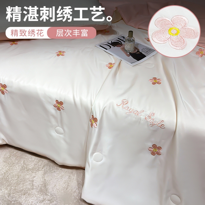 91家纺网 家纺一手货源 找家纺 憨豆家纺 2026新款刺绣水洗冰丝夏被四件套星球水洗真丝夏凉被（含抗菌棉）跨境外贸床笠款空 花朵-奶白粉