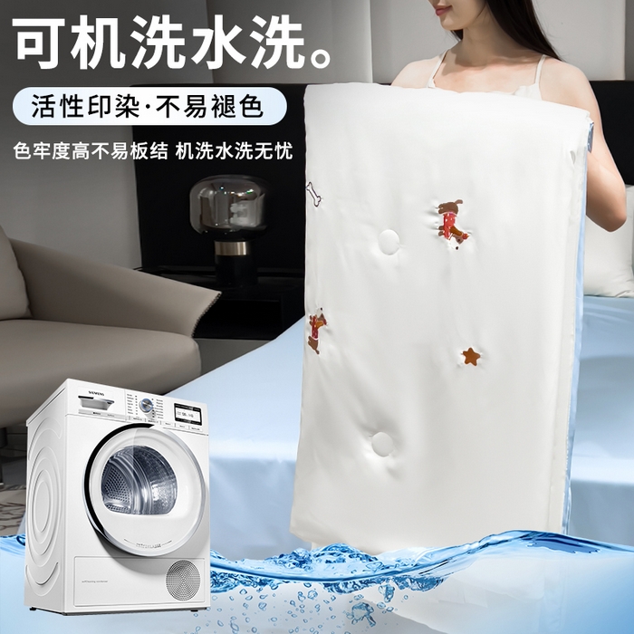 91家纺网 家纺一手货源 找家纺 憨豆家纺 2026新款刺绣水洗冰丝夏被四件套星球水洗真丝夏凉被（含抗菌棉）跨境外贸床笠款空 腊肠狗-奶白蓝