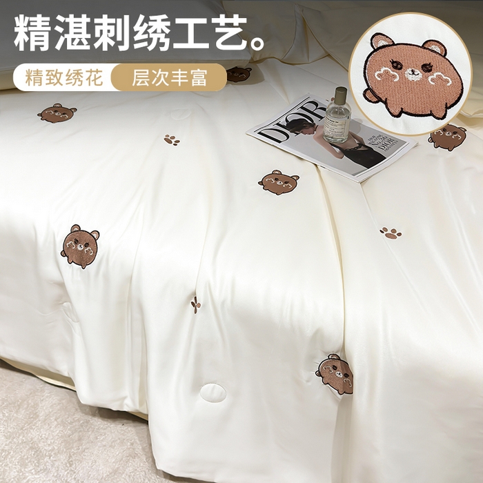 91家纺网 家纺一手货源 找家纺 憨豆家纺 2026新款刺绣水洗冰丝夏被四件套星球水洗真丝夏凉被（含抗菌棉）跨境外贸床笠款空 小熊-奶白黄