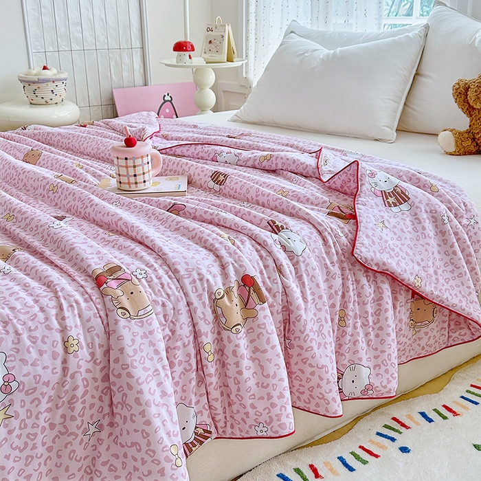 91家纺网 家纺一手货源 找家纺 宜家坊 2026新款A类针织棉嘟嘟被夏被春秋被空调被儿童学生被子被芯 粉粉豹纹猫