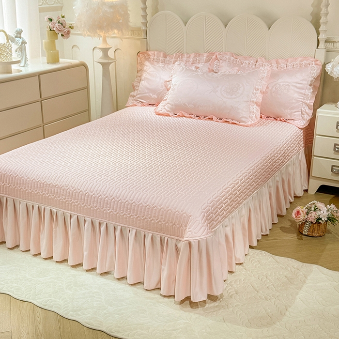 91家纺网 家纺一手货源 找家纺 优贝家纺 2026春夏新款提花水洗天丝冰丝天丝韩版夹棉床盖四件套 花涧-粉玉