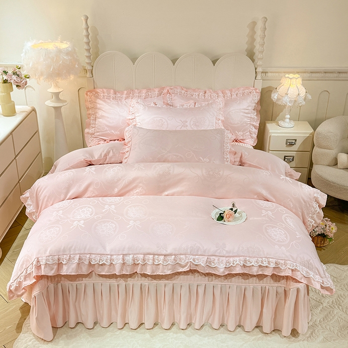 91家纺网 家纺一手货源 找家纺 优贝家纺 2026春夏新款提花水洗天丝冰丝天丝韩版夹棉床盖四件套 花涧-粉玉