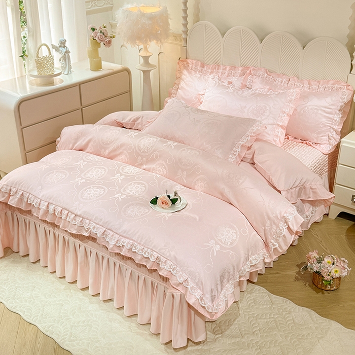 优贝家纺 2026春夏新款提花水洗天丝冰丝天丝韩版夹棉床盖四件套 花涧-粉玉