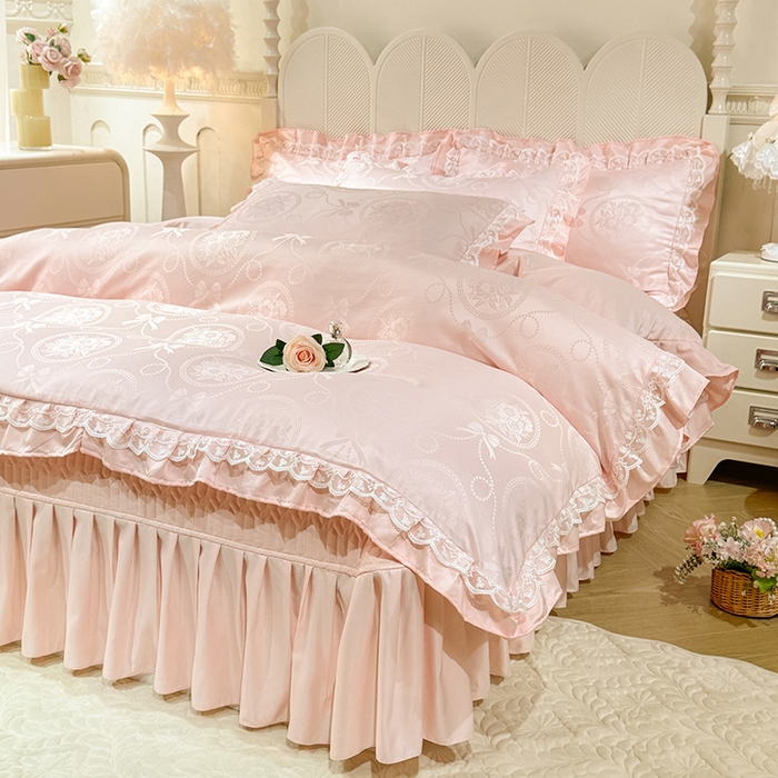 91家纺网 家纺一手货源 找家纺 优贝家纺 2026春夏新款提花水洗天丝冰丝天丝韩版夹棉床盖四件套 花涧-粉玉