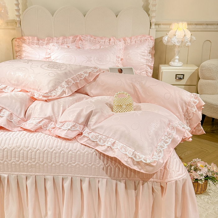 91家纺网 家纺一手货源 找家纺 优贝家纺 2026春夏新款提花水洗天丝冰丝天丝韩版夹棉床盖四件套 花涧-粉玉