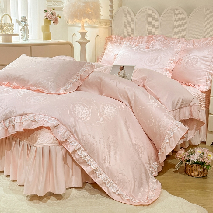 91家纺网 家纺一手货源 找家纺 优贝家纺 2026春夏新款提花水洗天丝冰丝天丝韩版夹棉床盖四件套 花涧-粉玉