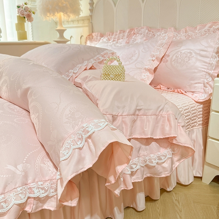 91家纺网 家纺一手货源 找家纺 优贝家纺 2026春夏新款提花水洗天丝冰丝天丝韩版夹棉床盖四件套 花涧-粉玉