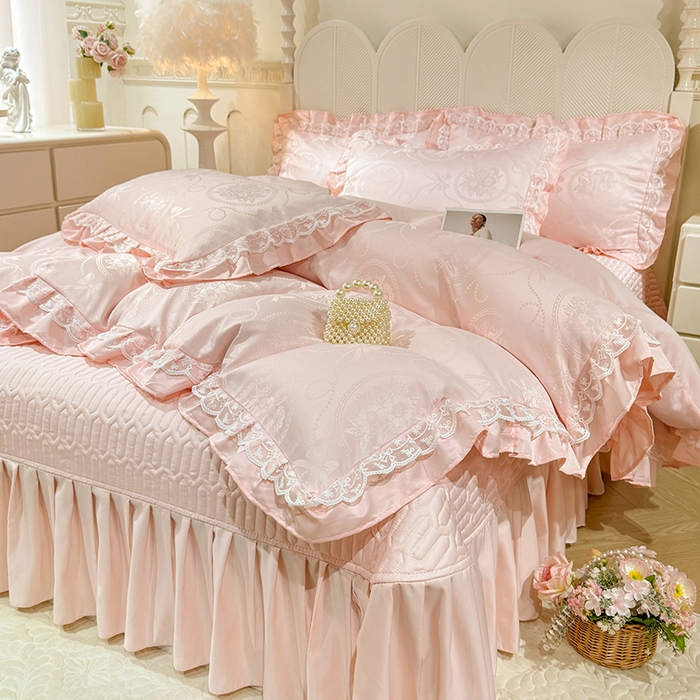 91家纺网 家纺一手货源 找家纺 优贝家纺 2026春夏新款提花水洗天丝冰丝天丝韩版夹棉床盖四件套 花涧-粉玉