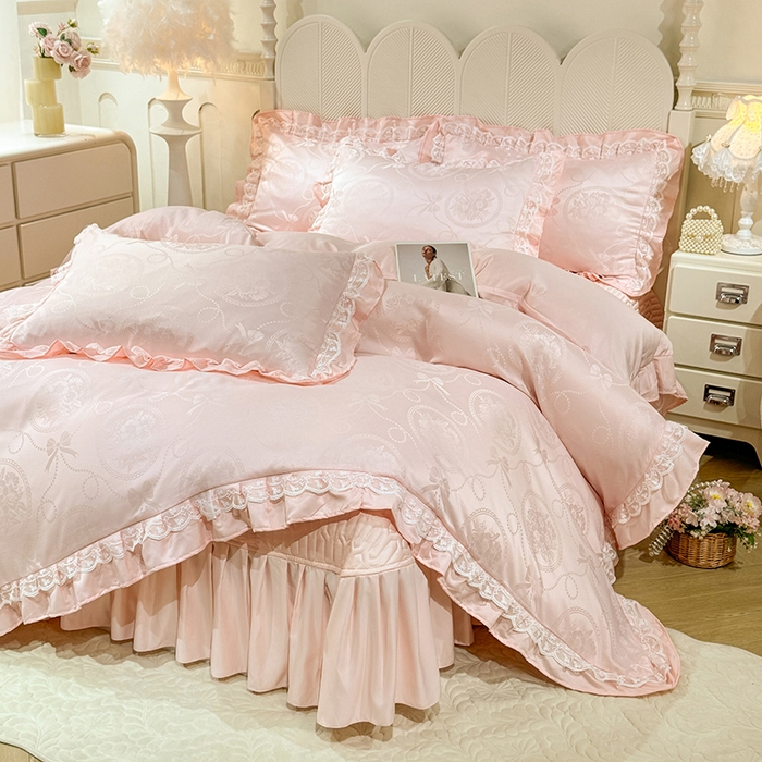 91家纺网 家纺一手货源 找家纺 优贝家纺 2026春夏新款提花水洗天丝冰丝天丝韩版夹棉床盖四件套 花涧-粉玉