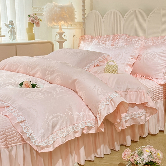 91家纺网 家纺一手货源 找家纺 优贝家纺 2026春夏新款提花水洗天丝冰丝天丝韩版夹棉床盖四件套 花涧-粉玉