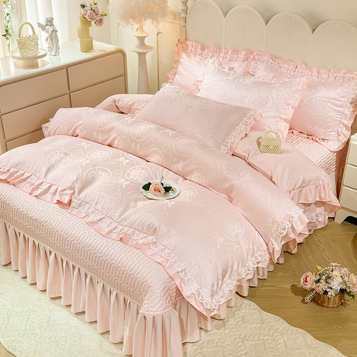 91家纺网 家纺一手货源 找家纺 优贝家纺 2026春夏新款提花水洗天丝冰丝天丝韩版夹棉床盖四件套 花涧-粉玉