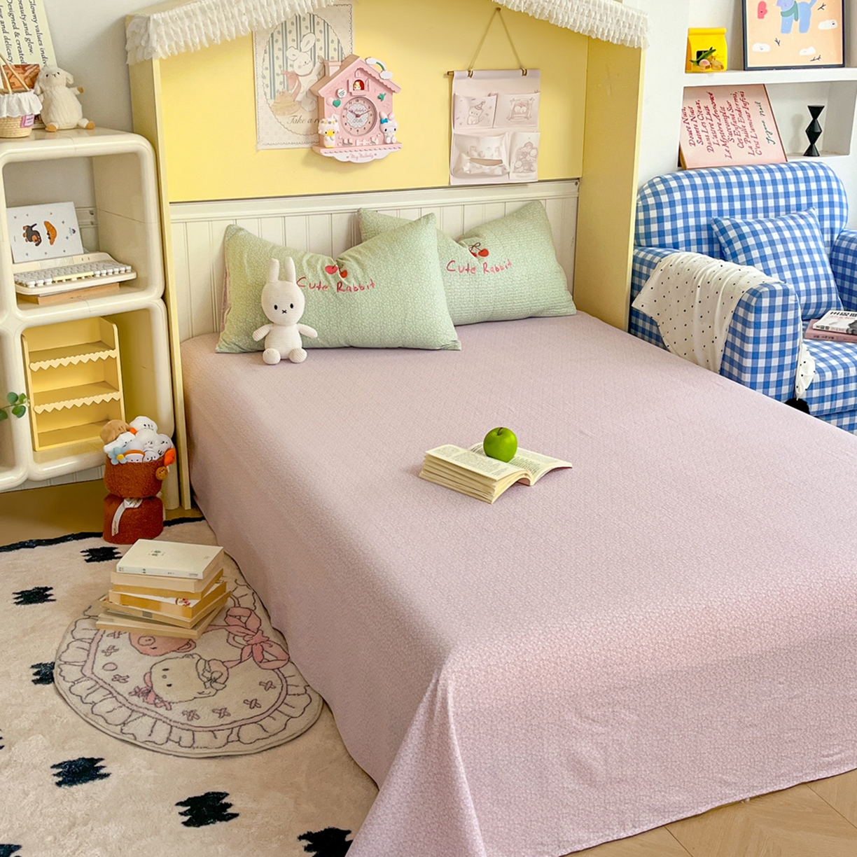 91家纺网 家纺一手货源 找家纺 宜家坊 2026直播热款卡通贴布绣加厚仿棉古棉单人双人单倍套三四件套 萌萌兔绿