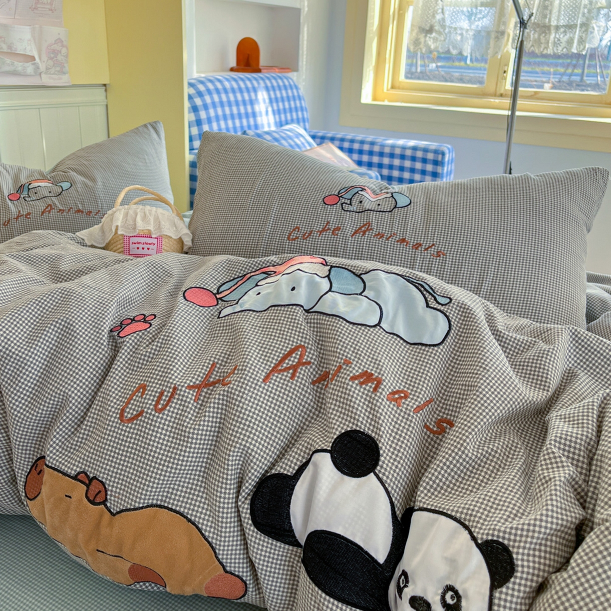 宜家坊 2026直播热款卡通贴布绣加厚仿棉古棉单人双人单倍套三四件套 熊猫卡皮