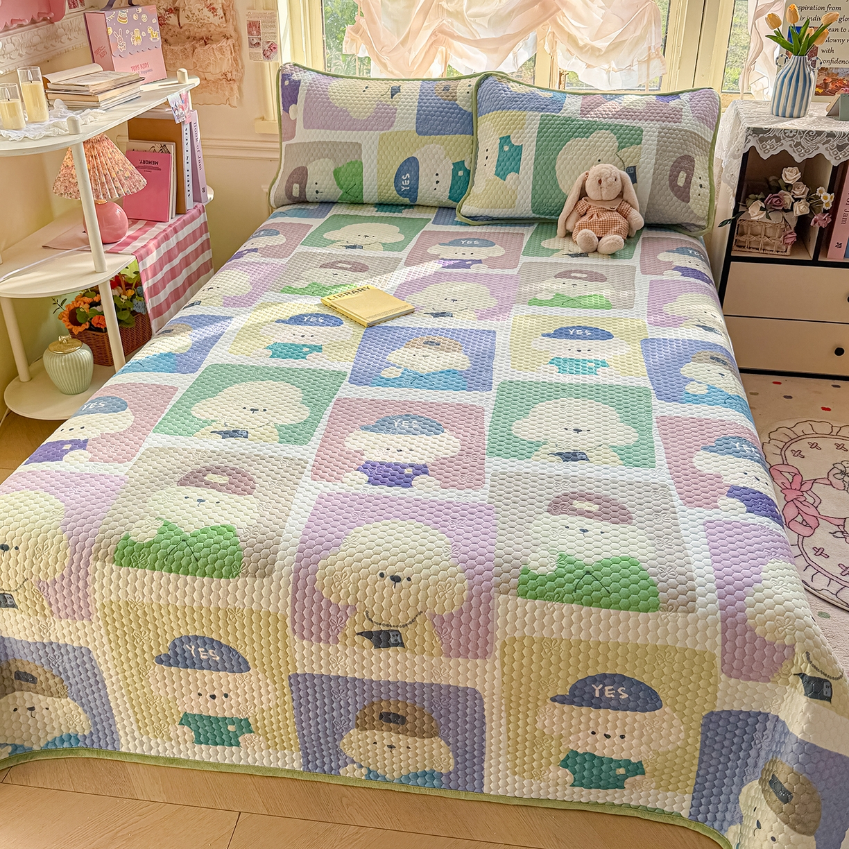 91家纺网 家纺一手货源 找家纺 宜家坊 2026新款金豆豆床盖A类针织棉印花大版卡通床盖三四件套 大头贴