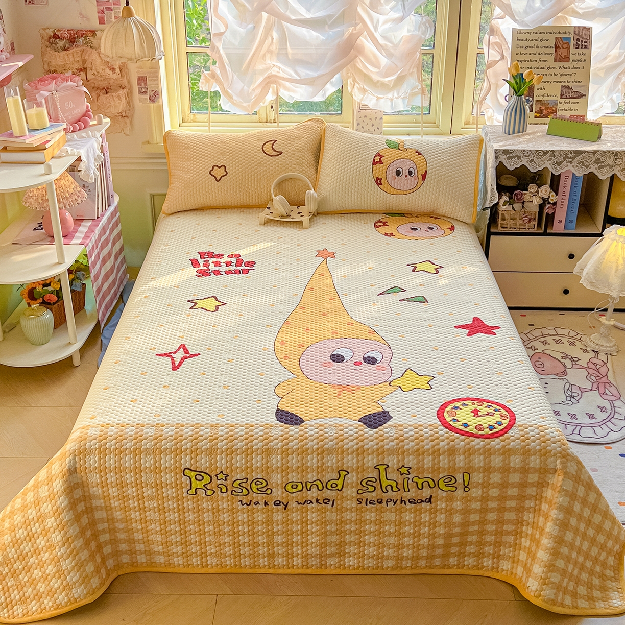 宜家坊 2026新款金豆豆床盖A类针织棉印花大版卡通床盖三四件套 幸运星星