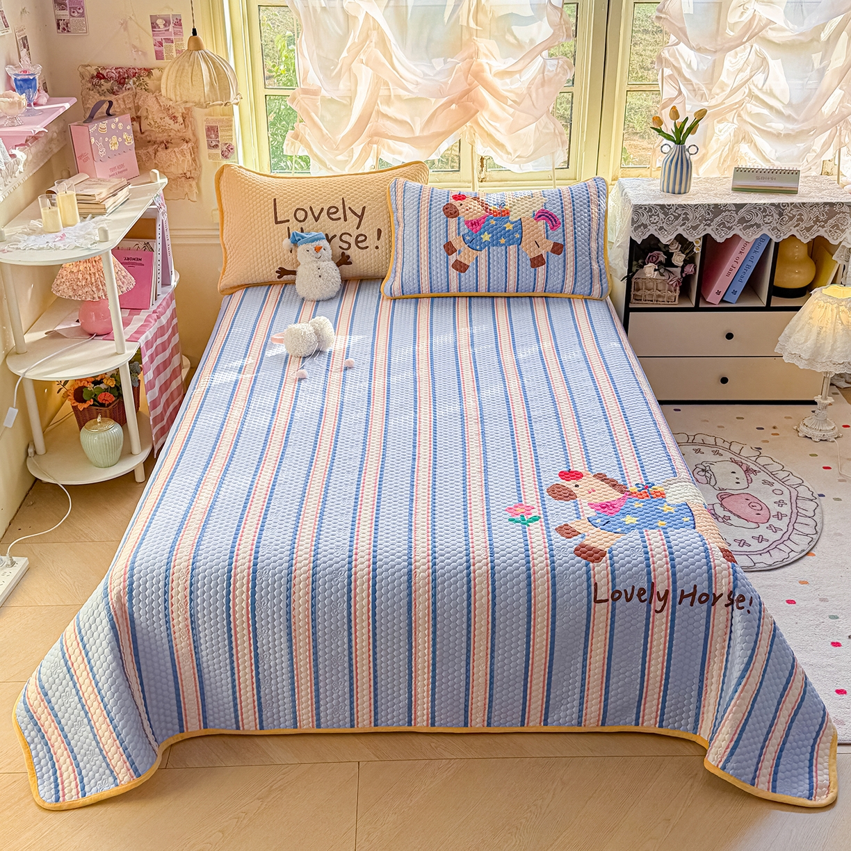 宜家坊 2026新款金豆豆床盖A类针织棉印花大版卡通床盖三四件套 要嘛有马