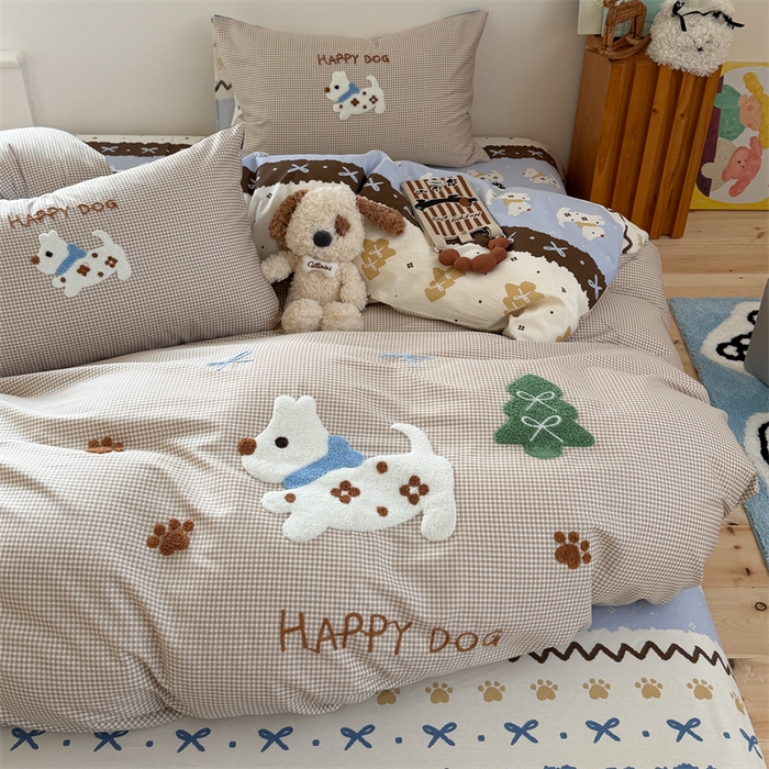 91家纺网 家纺一手货源 找家纺 暖生活 2026新款全棉纯棉水洗棉印+绣四件套（会员➖5 改床笠➕10） 汪汪脚印