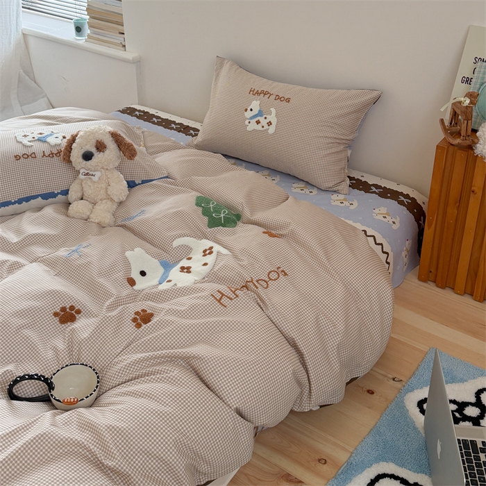 91家纺网 家纺一手货源 找家纺 暖生活 2026新款全棉纯棉水洗棉印+绣四件套（会员➖5 改床笠➕10） 汪汪脚印