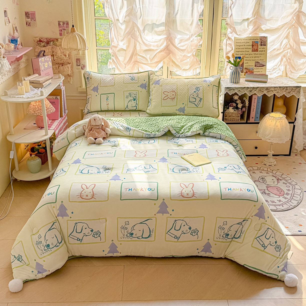 91家纺网 家纺一手货源 找家纺 宜家坊 2026直播热款A类针织棉豆豆被夏被春秋被空调被儿童学生大版卡通被子被芯 兔兔与狗