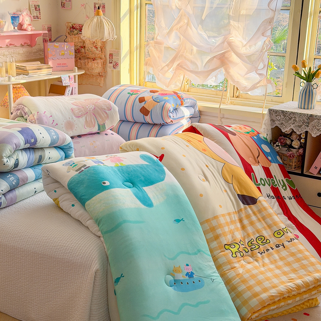 91家纺网 家纺一手货源 找家纺 宜家坊 2026直播热款A类针织棉豆豆被夏被春秋被空调被儿童学生大版卡通被子被芯 兔兔与狗