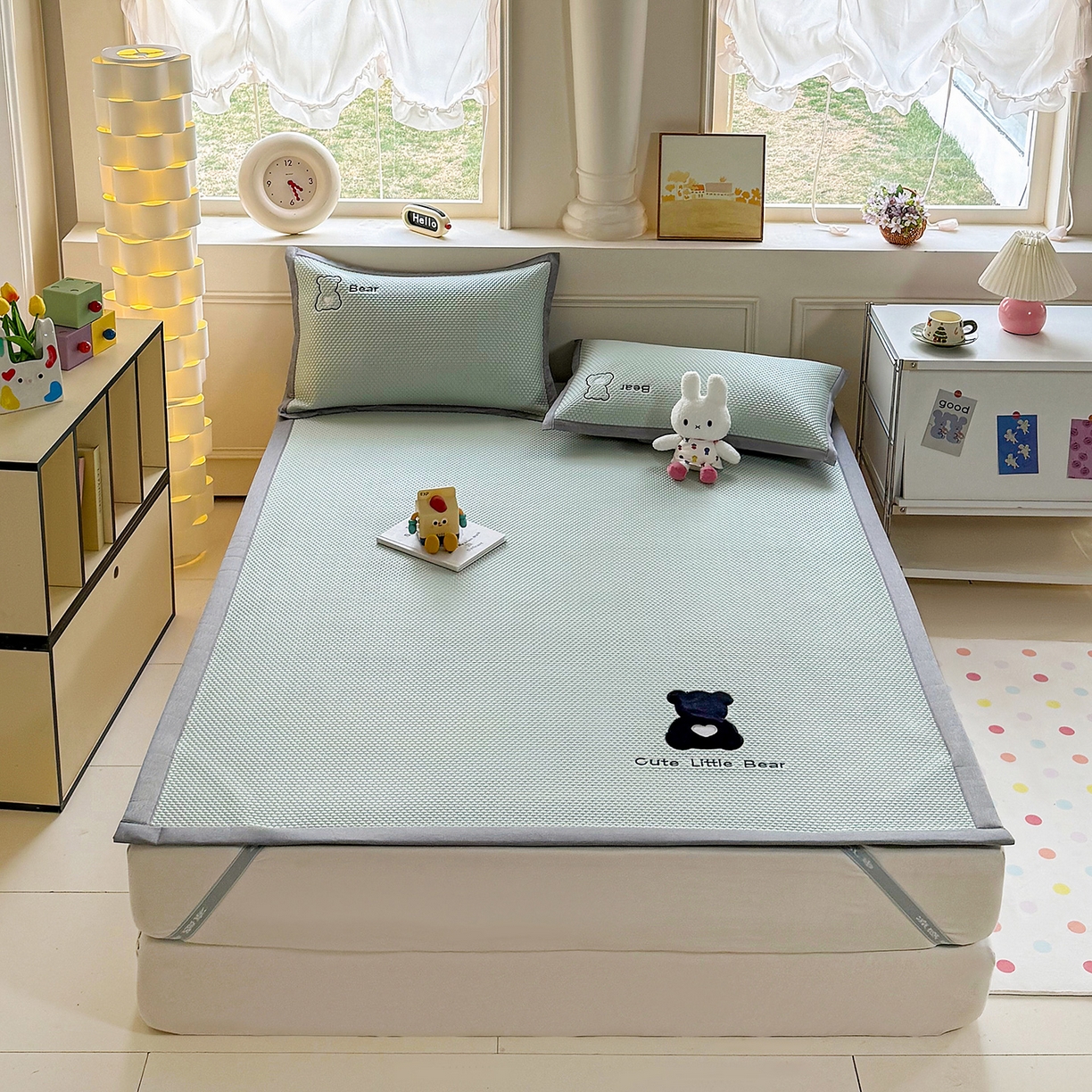 91家纺网 家纺一手货源 找家纺 卡初家居（原微来） 2026春夏新款A类乙纶冰豆豆凉感席绣花席凉席席子-炫酷熊系列 炫酷熊-果绿