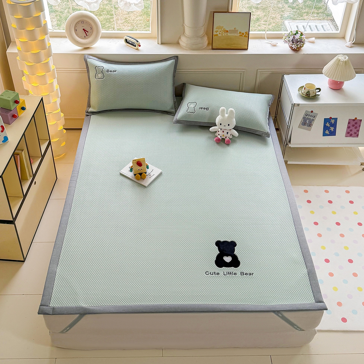 91家纺网 家纺一手货源 找家纺 卡初家居（原微来） 2026春夏新款A类乙纶冰豆豆凉感席绣花席凉席席子-炫酷熊系列 炫酷熊-果绿