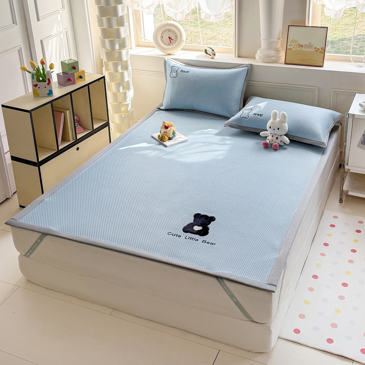 91家纺网 家纺一手货源 找家纺 卡初家居（原微来） 2026春夏新款A类乙纶冰豆豆凉感席绣花席凉席席子-炫酷熊系列 炫酷熊-天空蓝