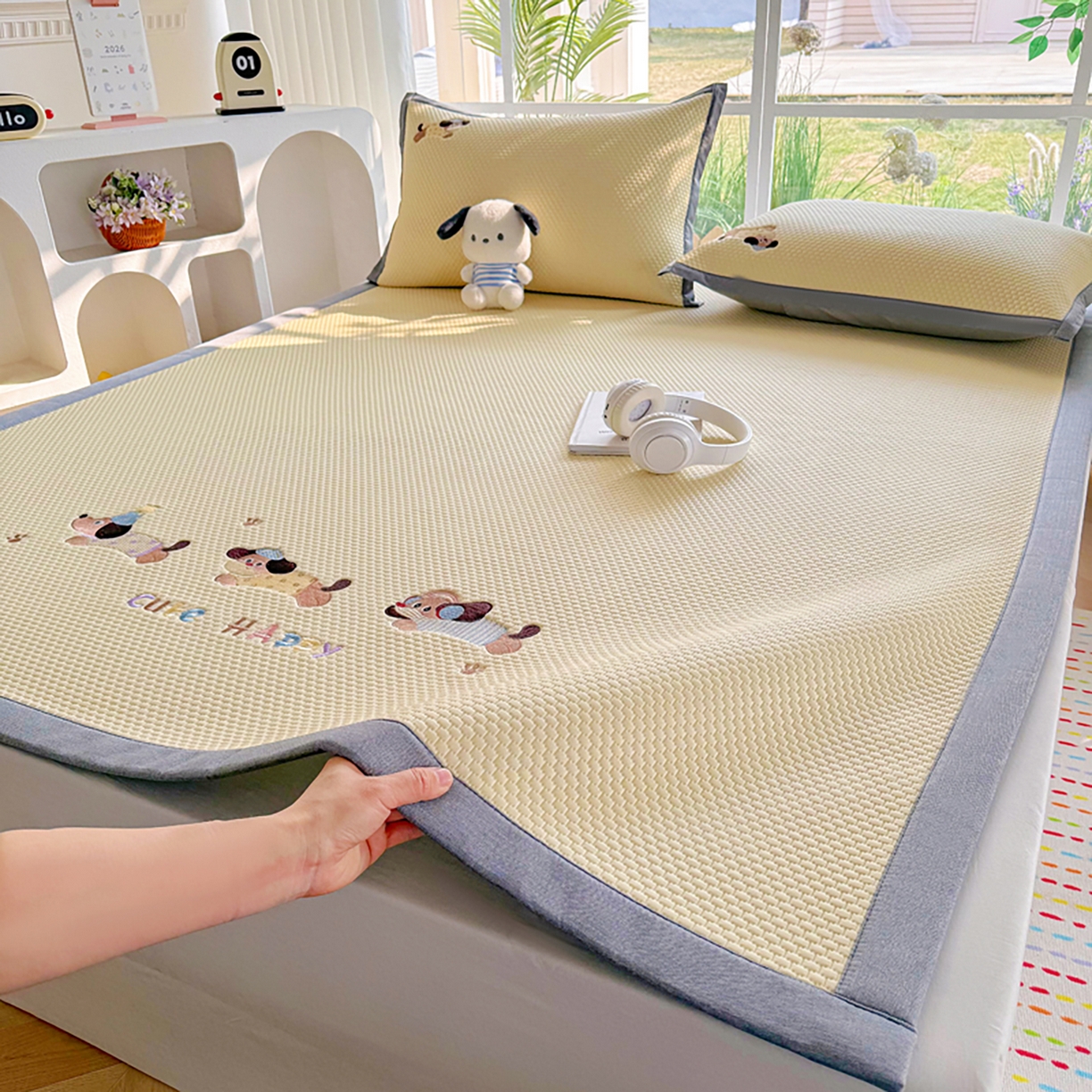 卡初家居（原微来） 2026春夏新款A类乙纶凉豆豆凉感席绣花席凉席席子-魔方系列 可爱小狗