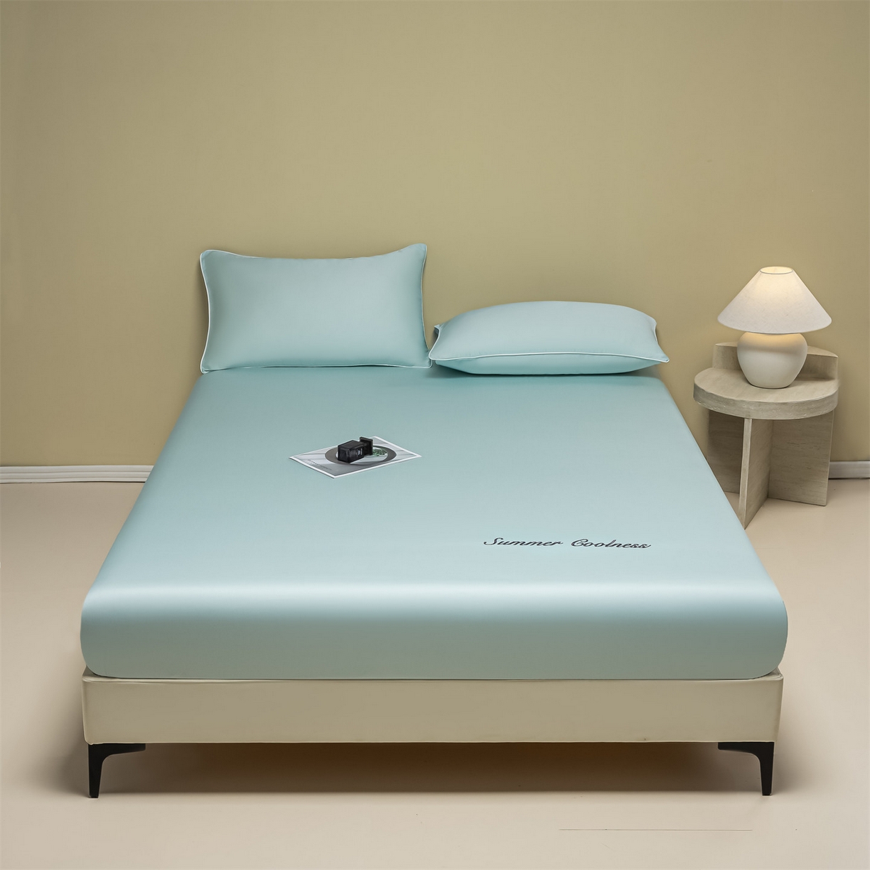 91家纺网 家纺一手货源 找家纺 美澳家纺 2026春夏新款纯色刺绣凉感水洗冰丝真丝床笠三件套 冰川蓝