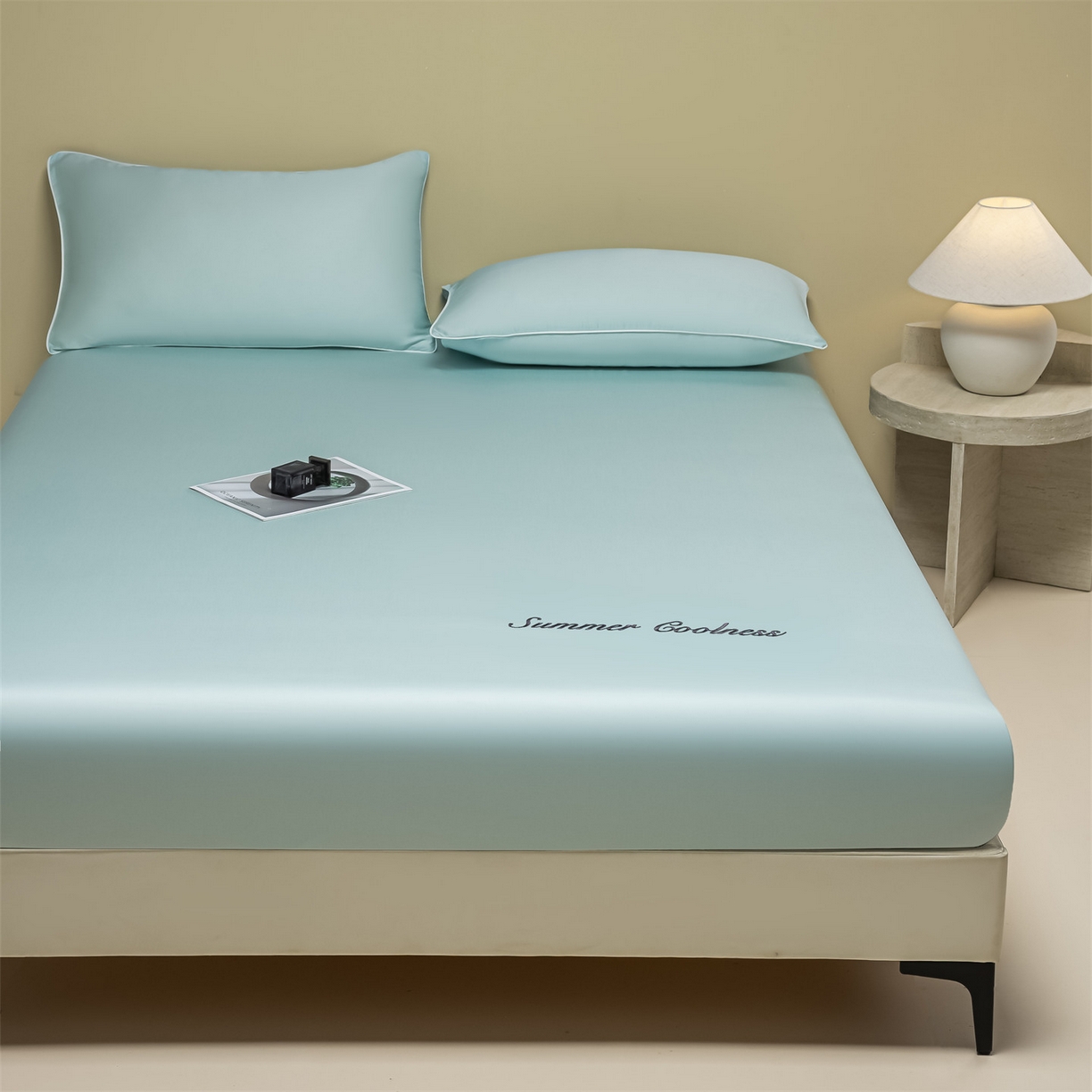 91家纺网 家纺一手货源 找家纺 美澳家纺 2026春夏新款纯色刺绣凉感水洗冰丝真丝床笠三件套 冰川蓝