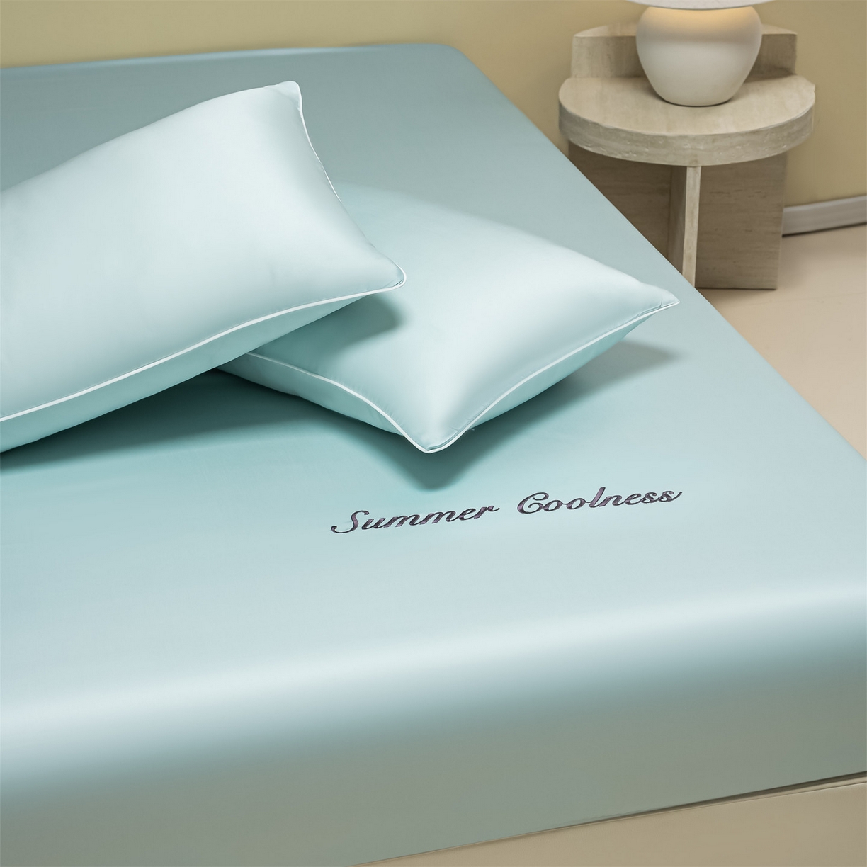 91家纺网 家纺一手货源 找家纺 美澳家纺 2026春夏新款纯色刺绣凉感水洗冰丝真丝床笠三件套 冰川蓝