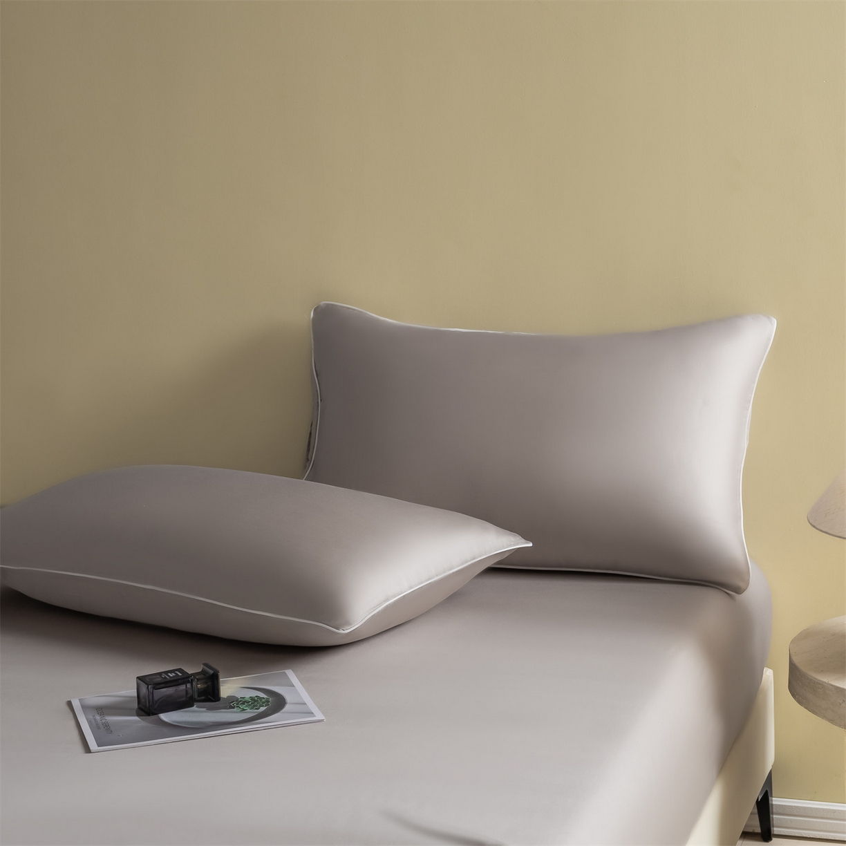 91家纺网 家纺一手货源 找家纺 美澳家纺 2026春夏新款纯色刺绣凉感水洗冰丝真丝床笠三件套 绅士灰