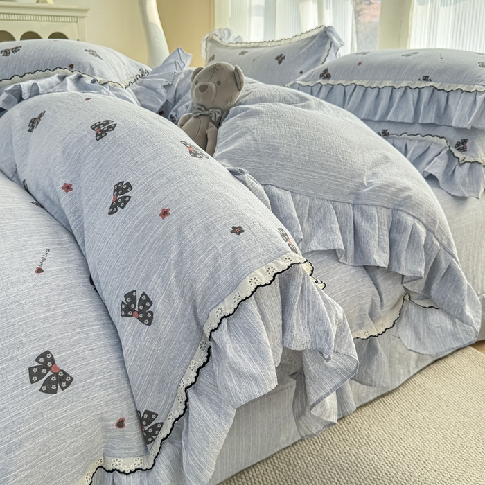 91家纺网 家纺一手货源 找家纺 大麦家纺 2026新款水洗色织棉麻花边四件套 梦蝴蝶