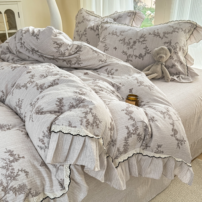 91家纺网 家纺一手货源 找家纺 大麦家纺 2026新款水洗色织棉麻花边四件套 黯费尔岛