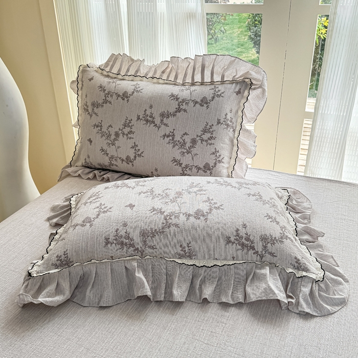 91家纺网 家纺一手货源 找家纺 大麦家纺 2026新款水洗色织棉麻花边四件套 黯费尔岛