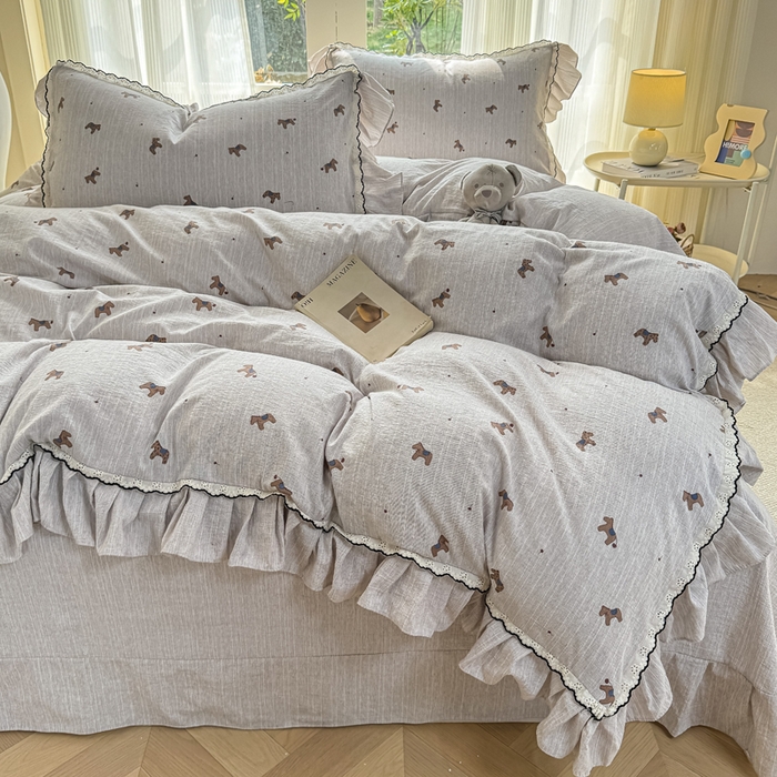 91家纺网 家纺一手货源 找家纺 大麦家纺 2026新款水洗色织棉麻花边四件套 点点木马