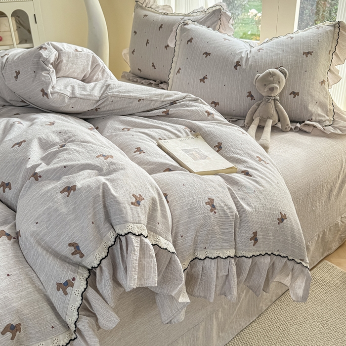 91家纺网 家纺一手货源 找家纺 大麦家纺 2026新款水洗色织棉麻花边四件套 点点木马