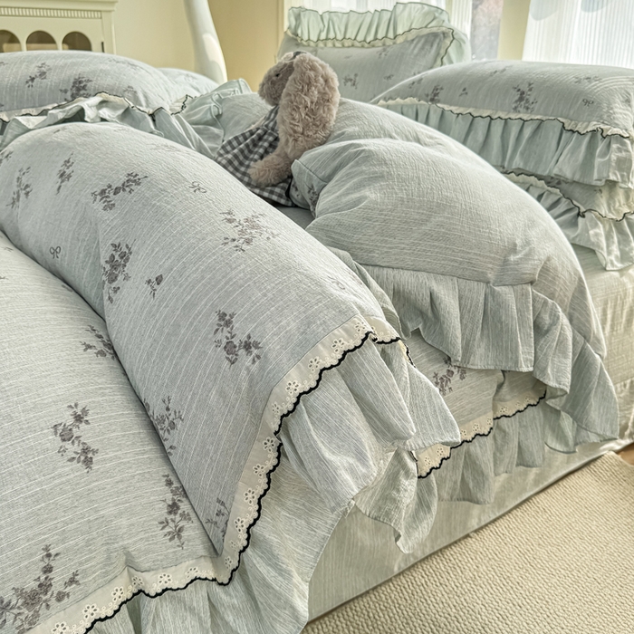 大麦家纺 2026新款水洗色织棉麻花边四件套 繁花